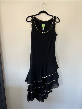 Black Sleeveless Midi Dress with Yellow-White Trim